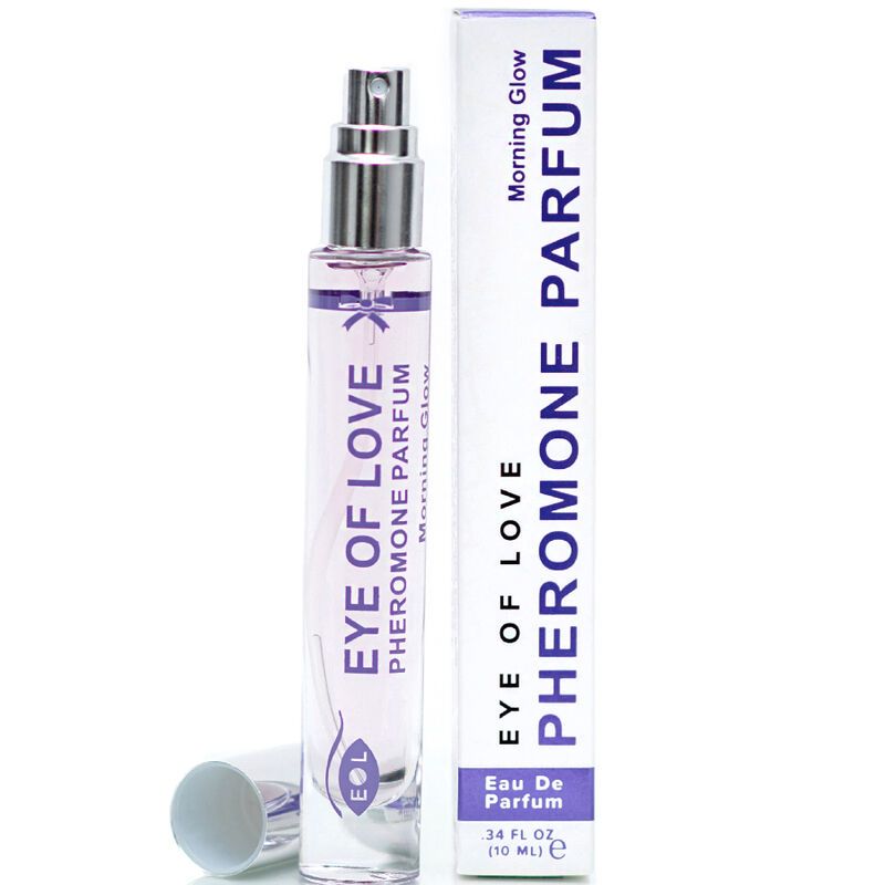 Flacone di profumo e scatola. Scritta: EYE OF LOVE Pheromon Parfum. Flacone con vaporizzatore, liquido trasparente. Scatola con dettagli viola.