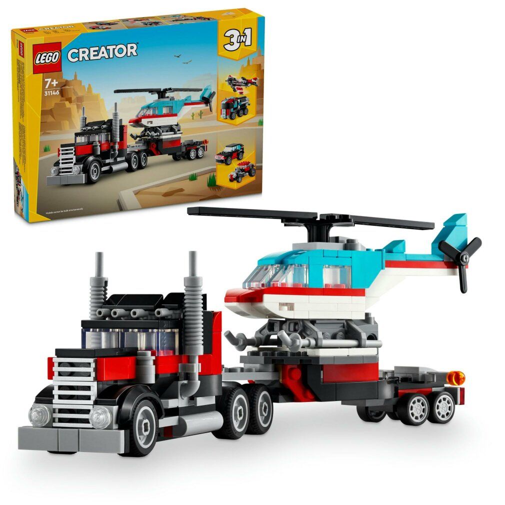 LEGO Creator 3in1 Autocarro con Elicottero. Camion con rimorchio, con sopra un elicottero. Sulla confezione sono raffigurati altri modelli.