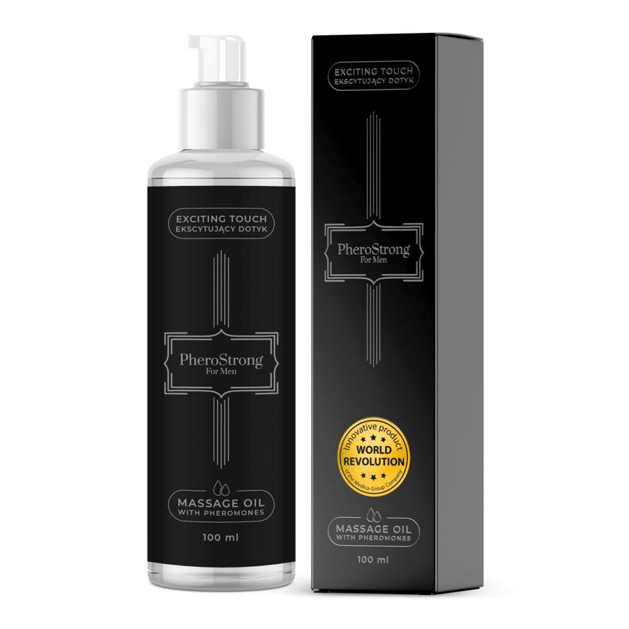 Flacone di olio da massaggio PheroStrong con pompa e confezione esterna. Con feromoni.