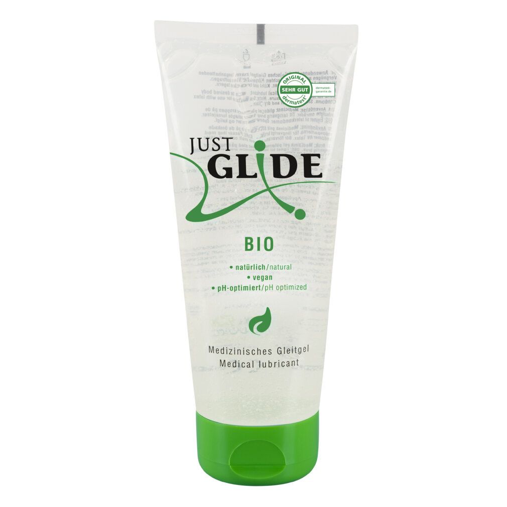 Tubo di gel trasparente con tappo verde. Scritta: Just Glide Bio, Lubrificante medico. Sigillo.