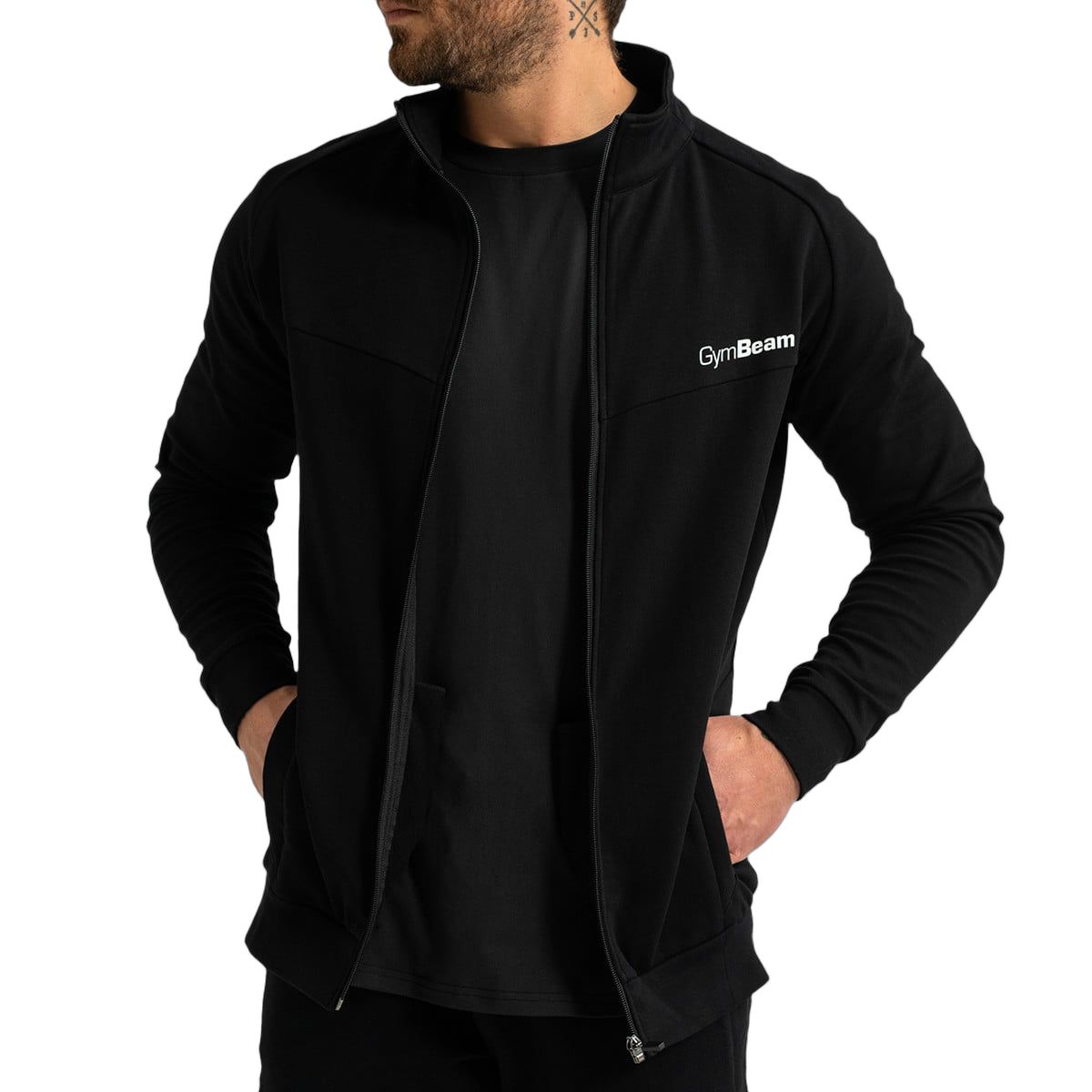 GymBeam Felpa uomo Limitless slim con zip, maniche lunghe senza cappuccio Black