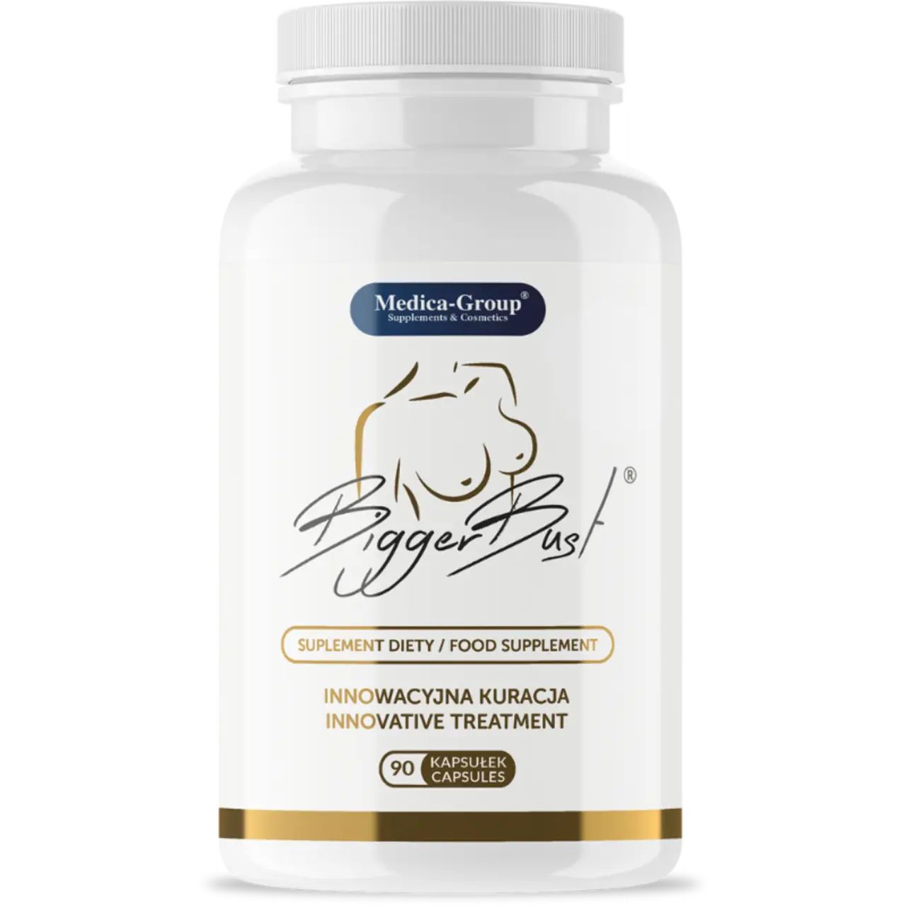 Flacone bianco con stampa del prodotto. Scritta: BiggerBust, Medica-Group, 90 capsule. Trattamento innovativo. Integratore alimentare.