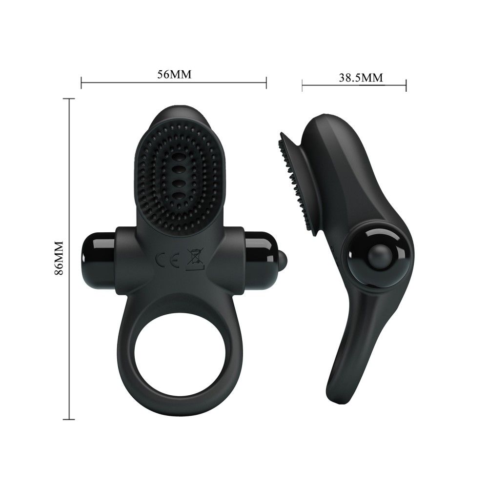 Anello penieno nero con anello, testina vibrante e rilievi. Marchio CE.
