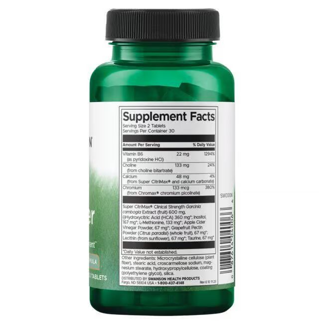 Retro del flacone di compresse verde. Scritta: Supplement Facts. Elenco degli ingredienti e dei valori nutrizionali.