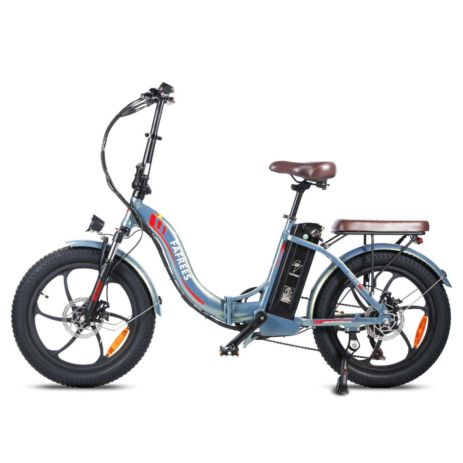 E-bike Fafrees F20 Pro, blu, sella marrone, pneumatici neri. Faro anteriore, portapacchi, freni a disco.