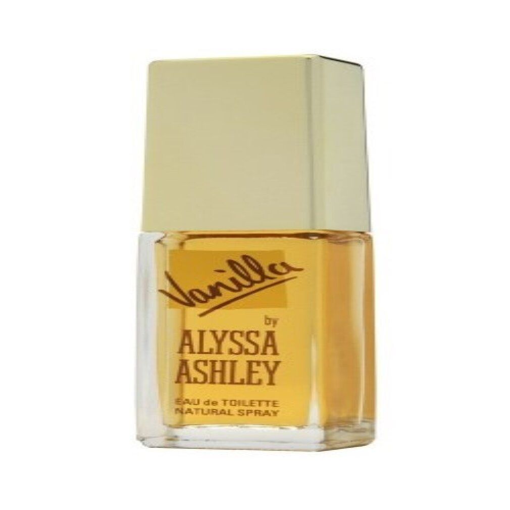 Flacone di Eau de Toilette Alyssa Ashley Vanilla con tappo dorato. Etichette gialle con il nome del prodotto.