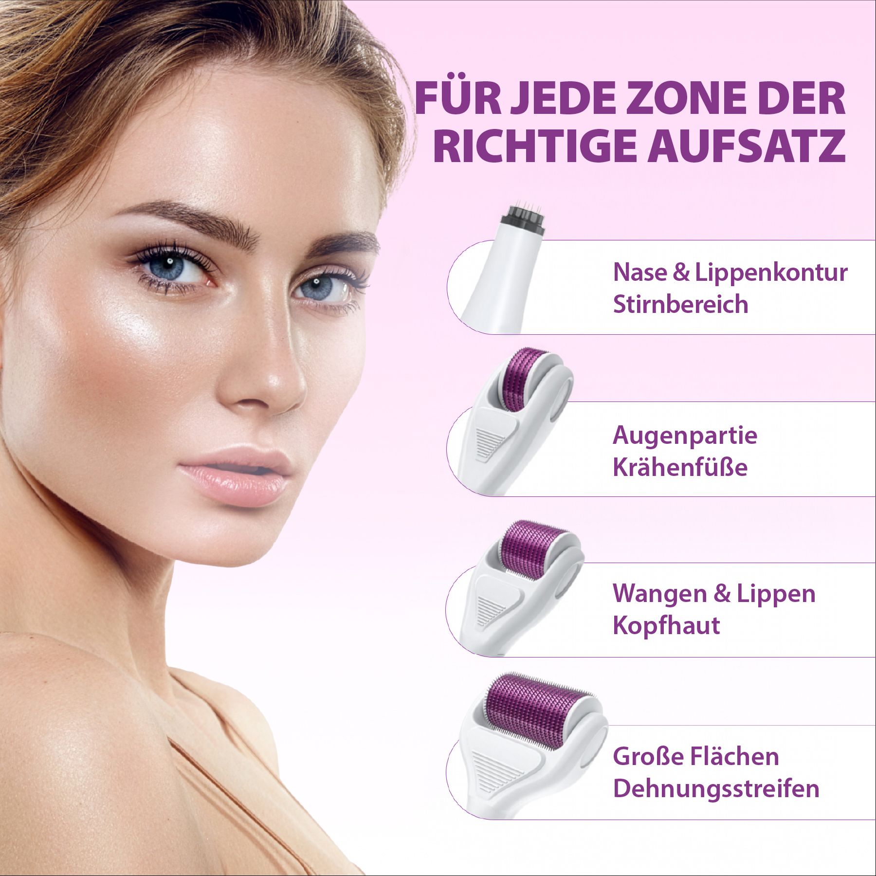 Ritratto di una donna con aree di applicazione evidenziate per gli accessori del dermaroller. Sono illustrati diversi accessori.