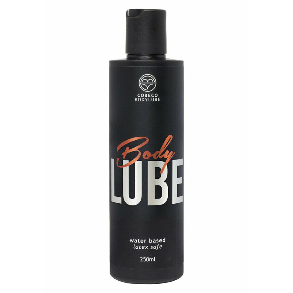 Flacone nero con tappo nero. Scritta "Body LUBE" in bianco e arancione. Testo: "water based latex safe".
