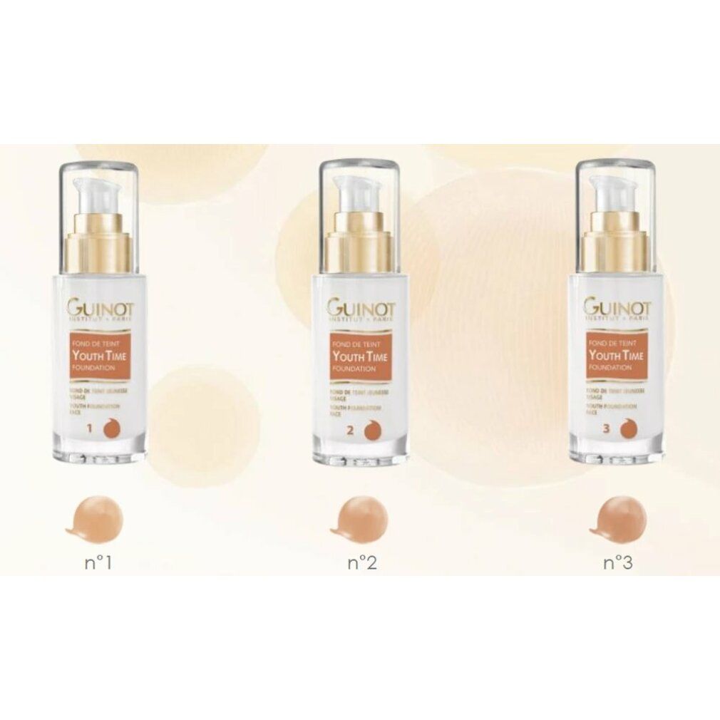 Tre flaconi Guinot Youth Time Foundation. Scritta: Youth Time Foundation, Nr. 1, 2, 3.