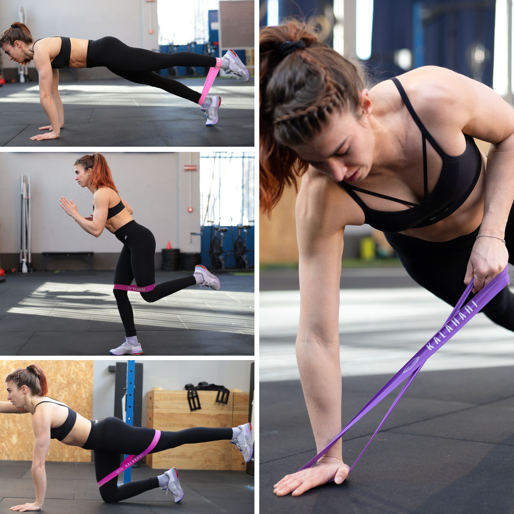 Collage: Donna si allena con fasce fitness KALAHARI rosa e viola in vari esercizi.