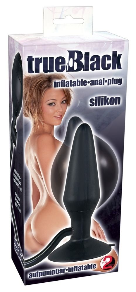 Confezione del plug anale You2Toys True Black, mostra il prodotto e una modella.