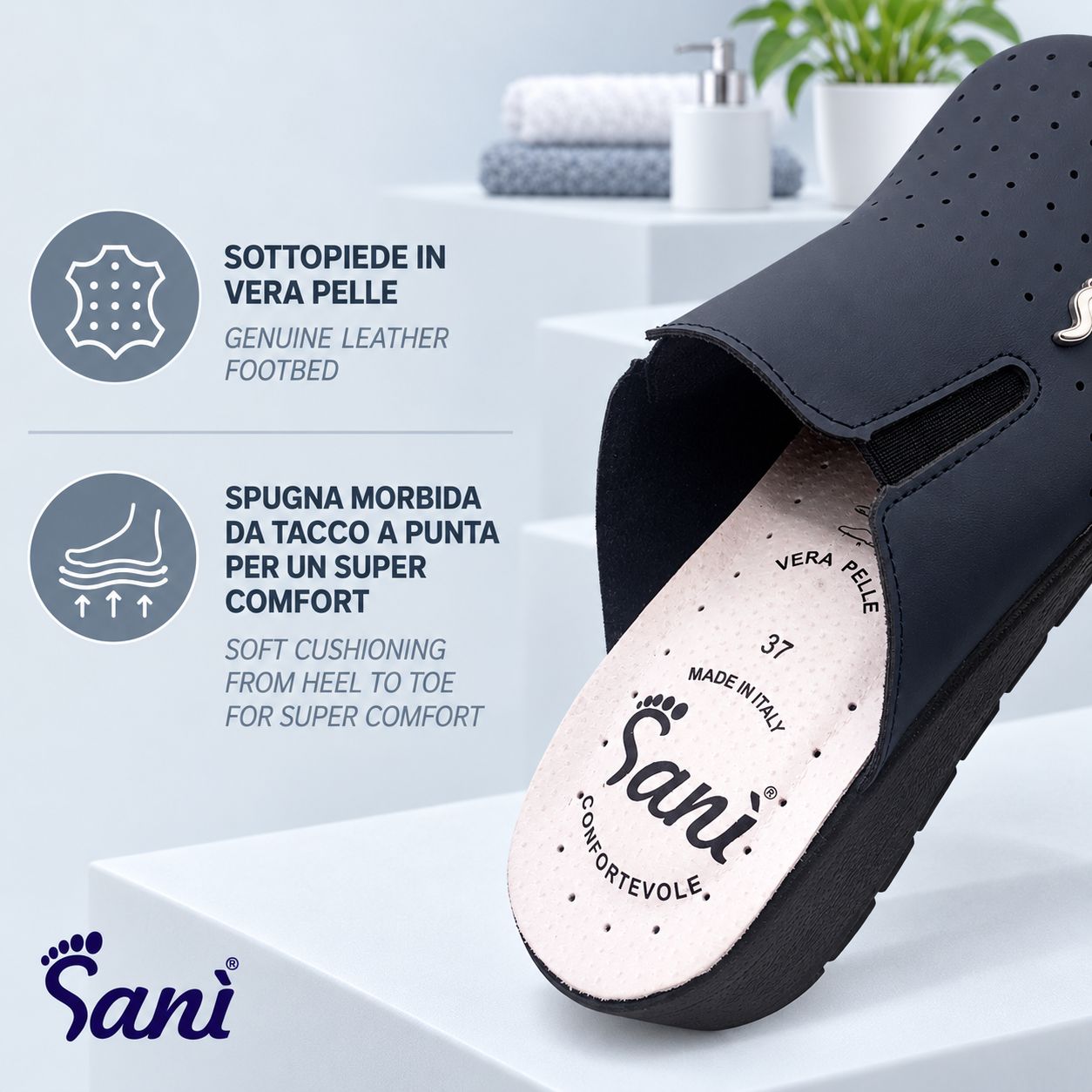 Zoccolo nero Sani con sottopiede in pelle e morbida ammortizzazione. Tacco di 4 cm per maggiore supporto e postura corretta.