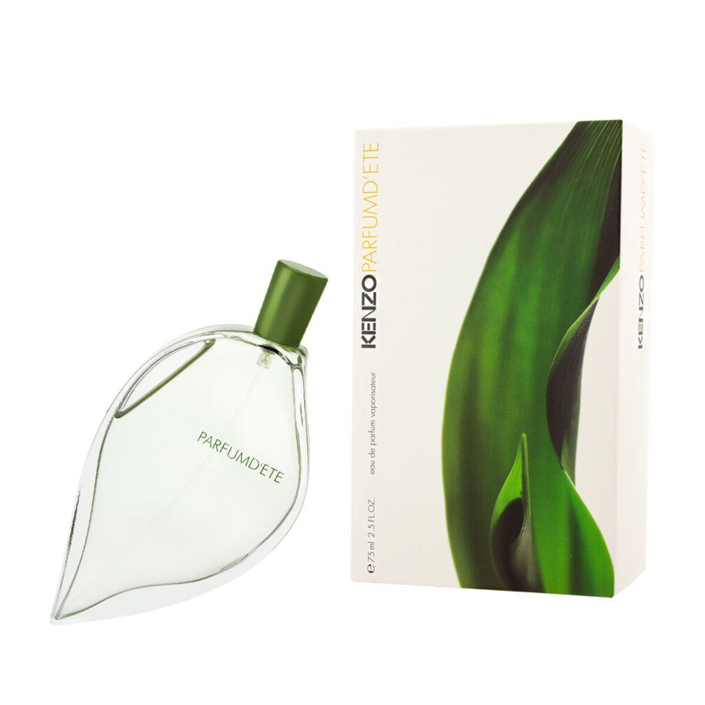 Flacone di profumo a forma di foglia e confezione. Flacone con tappo verde, scritta Parfum d'ete. Confezione con motivo a foglia verde e scritta Kenzo.