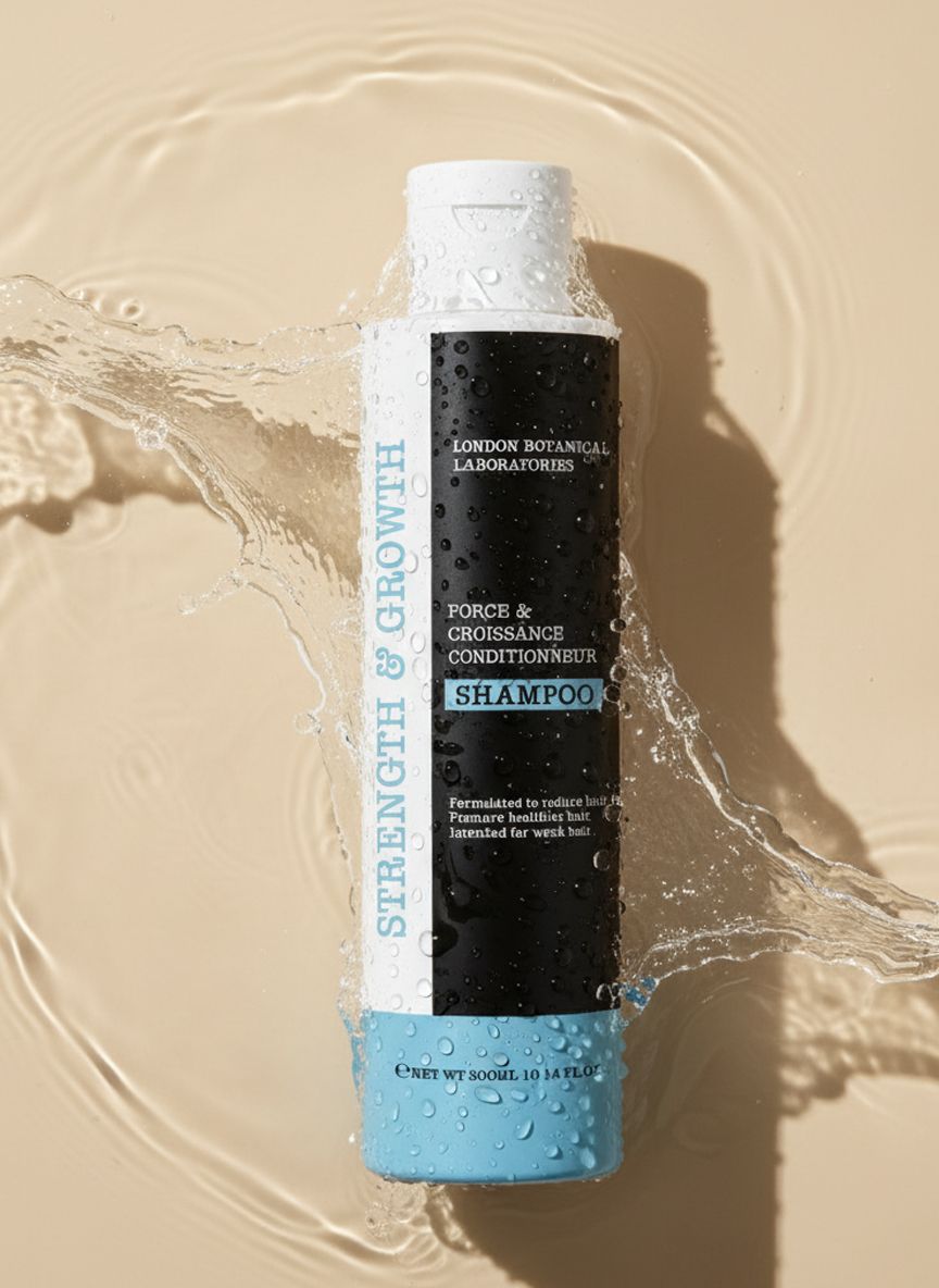 Flacone di shampoo con acqua. Tappo bianco, base blu ed etichetta nera. Testo: Strength & Growth, Shampoo, London Botanical Laboratories.