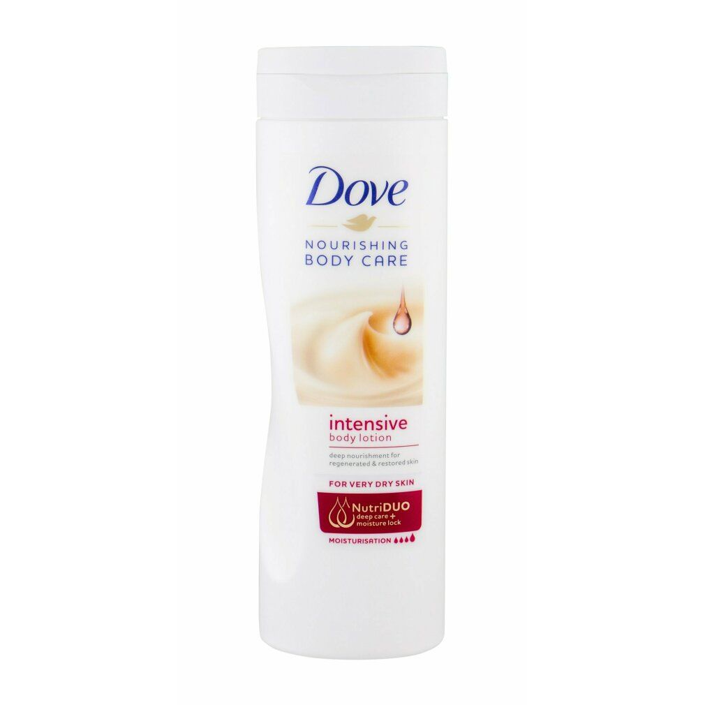 Flacone bianco Dove. Scritta 'Nourishing Body Care intensive'. Per pelli molto secche. Logo Dove e testo.
