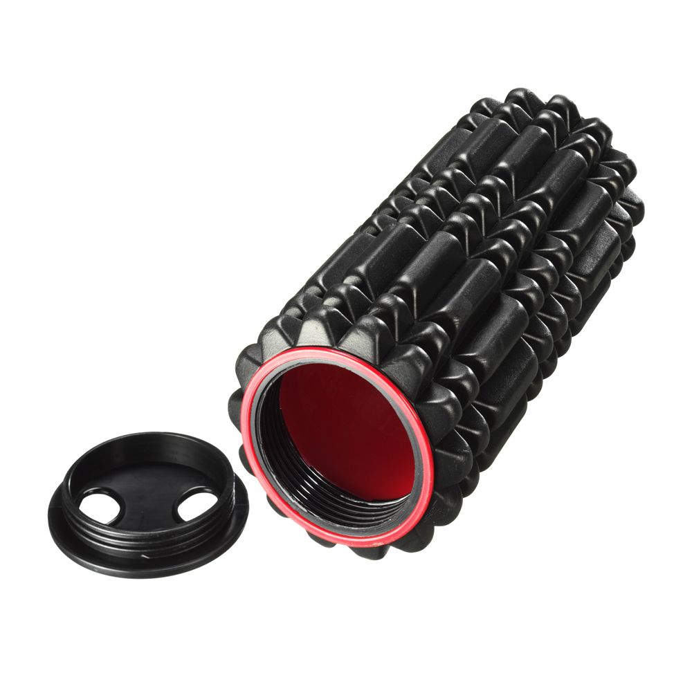 Rullo massaggiante nero con interno rosso. Coperchio accanto.