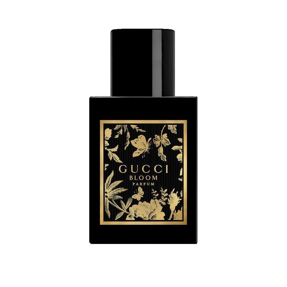 Flacone nero con etichetta dorata. Scritta: Gucci Bloom Parfum. Forma quadrata con tappo nero.
