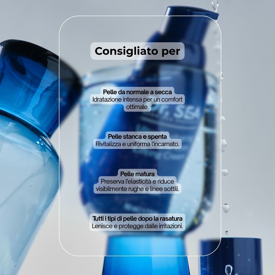 Tubo di crema blu in acqua. Testo: Consigliato per: pelli da normali a secche, pelli stanche, pelli mature, tutti i tipi di pelle dopo la rasatura.