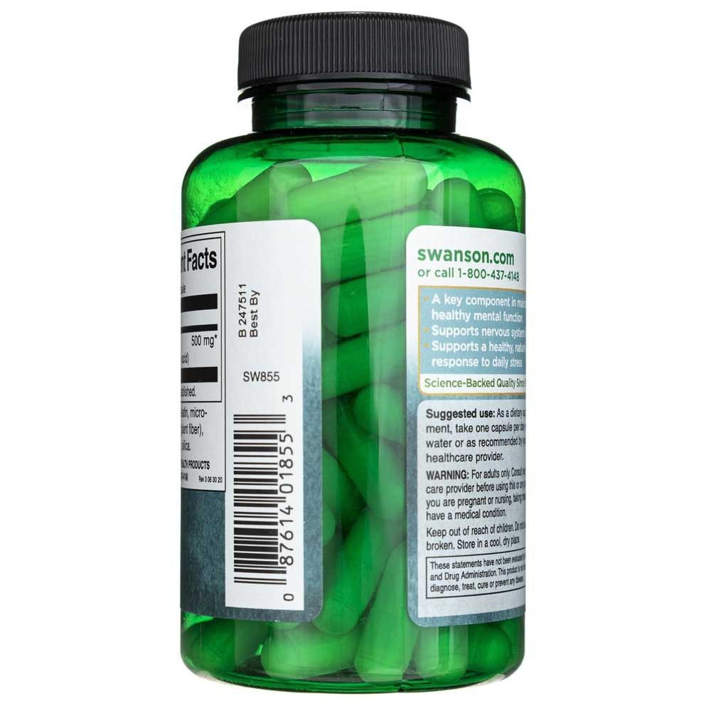 Flacone verde trasparente con capsule di L-Tirosina, etichetta con istruzioni per l'uso.