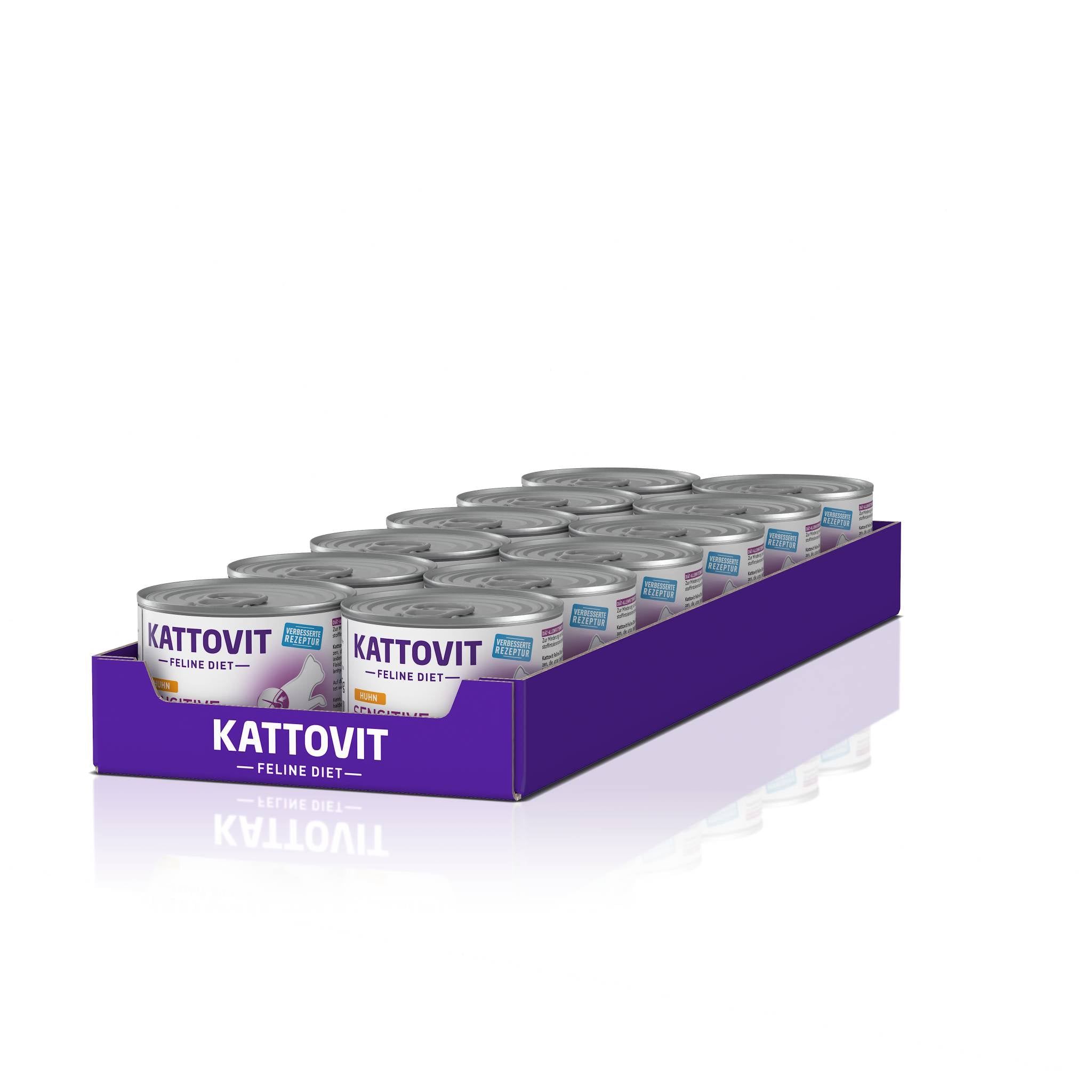 Lattine Kattovit Sensitive Huhn in scatola viola. Diverse lattine con etichetta: Huhn, Sensitive, alimento ipoallergenico. Illustrazione di gatto.