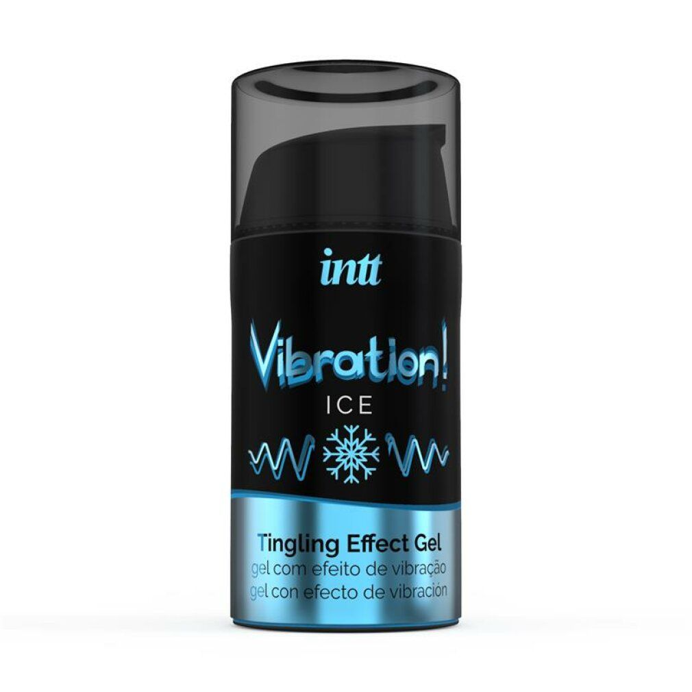 Flacone cilindrico con etichetta nera. Scritta: INTT, Vibration! ICE, Tingling Effect Gel. Con testina a pompa e coperchio trasparente.