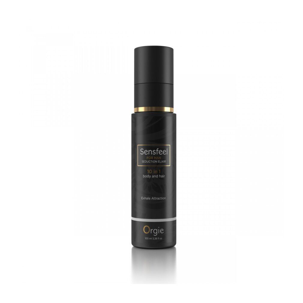 Flacone nero con dettagli dorati. Scritta: Sensfeel for Man, 10 in 1 body and hair. Marchio: Orgie.