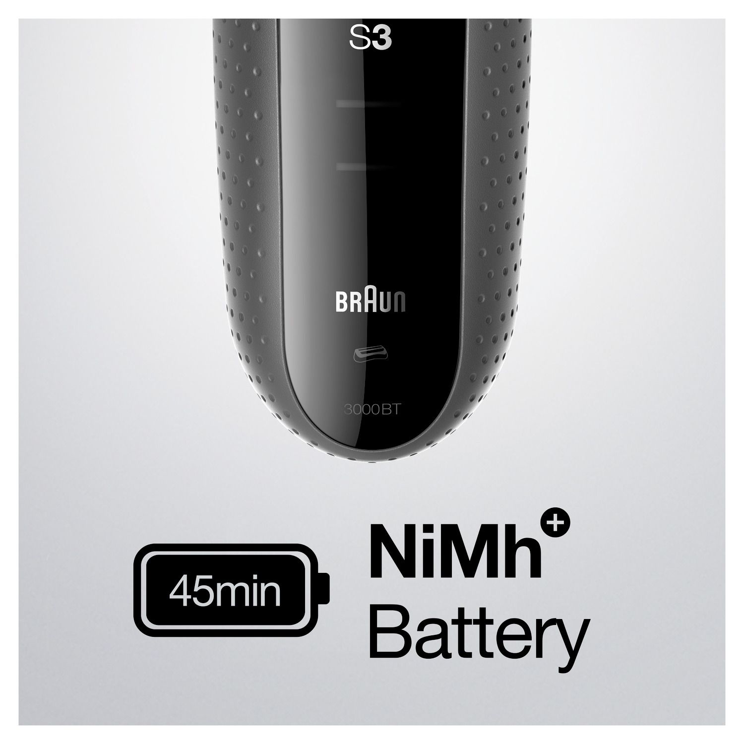 Primo piano del rasoio. Testo: S3, Braun, 3000BT. Simbolo della batteria con 45min. NiMh+ Battery.