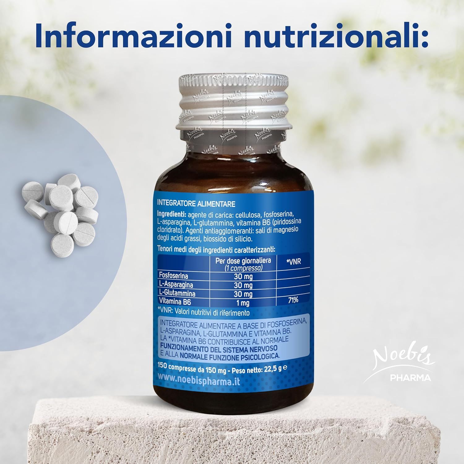 Flacone Fosforyl Energy con informazioni nutrizionali: Folato, L-Asparagina, L-Glutammina, Vitamina B6.