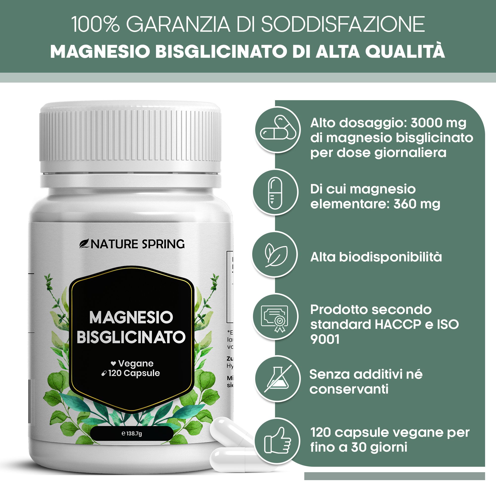 Flacone di Nature Spring Magnesio Bisglicinato con 120 capsule vegane, con icone su dosaggio, biodisponibilità e certificazione.