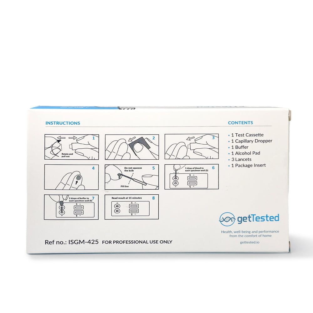 Retro della confezione del test GetTested Herpes. Mostra le istruzioni e il contenuto: cassetta di test, contagocce, tampone, tampone alcolico, lancette, foglietto illustrativo.