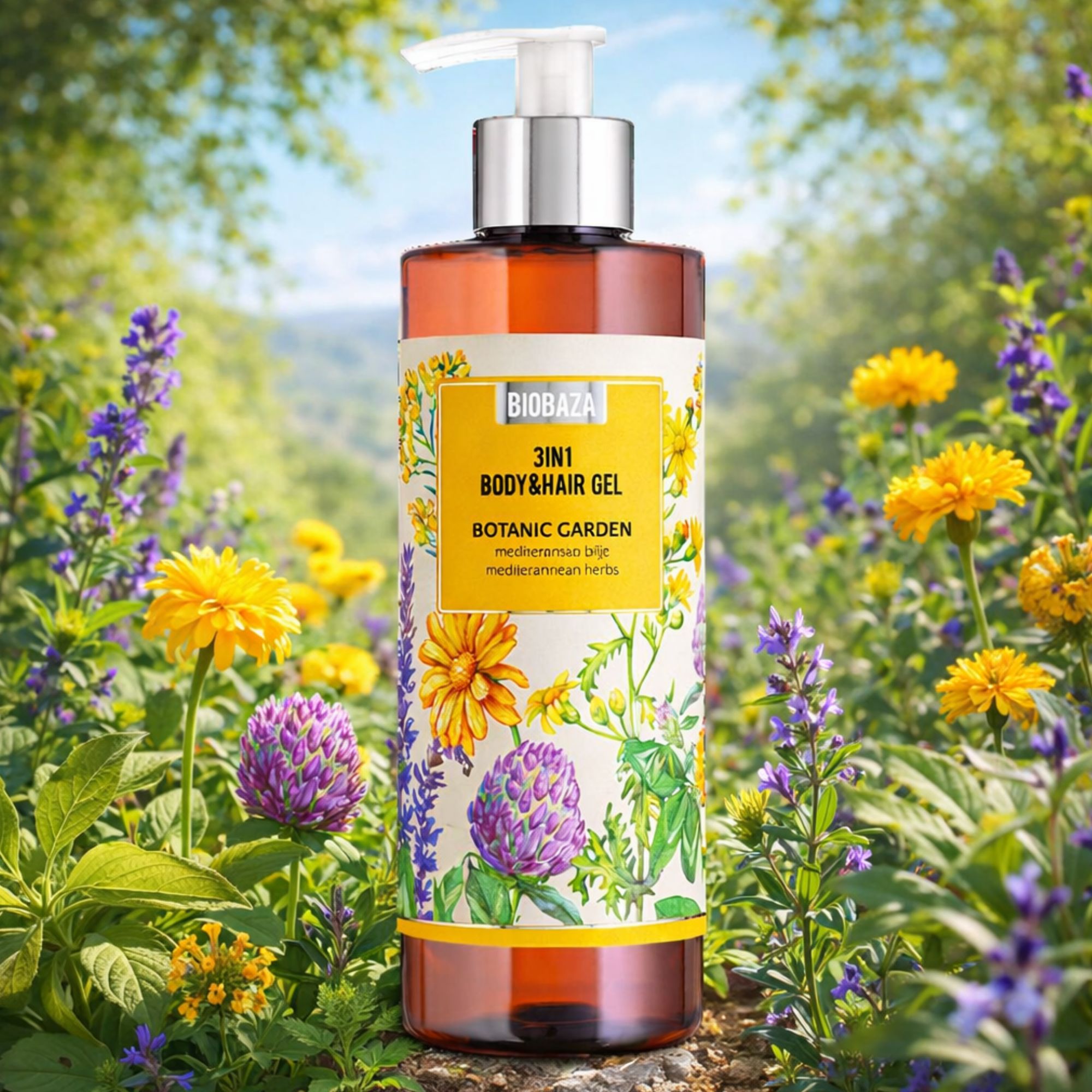 Flacone marrone con etichetta. Scritta: Biobaza 3in1 Body&Hair Gel Botanic Garden. Circondato da fiori.