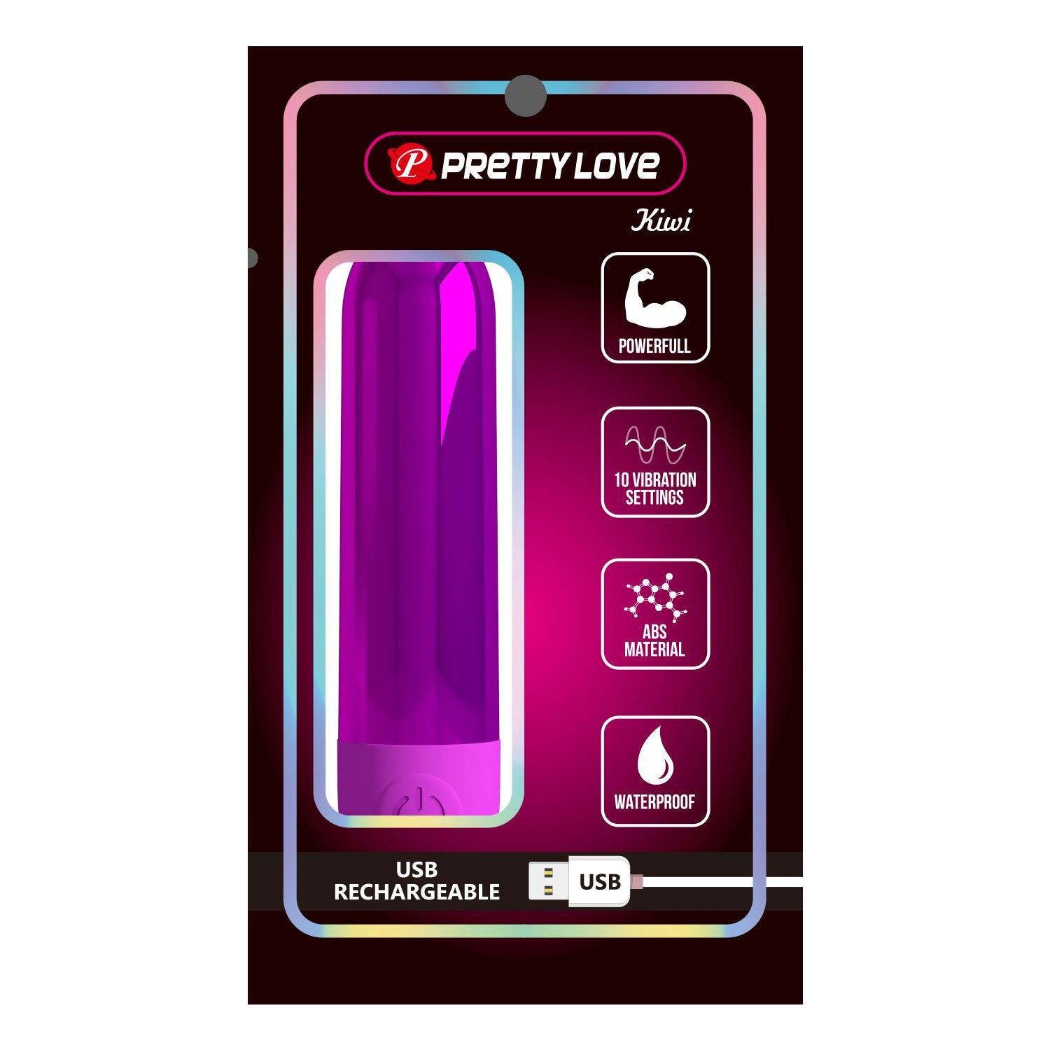 Confezione con prodotto benessere viola. Nome prodotto: Kiwi. Caratteristiche: potente, 10 vibrazioni, materiale ABS, impermeabile, ricarica USB.