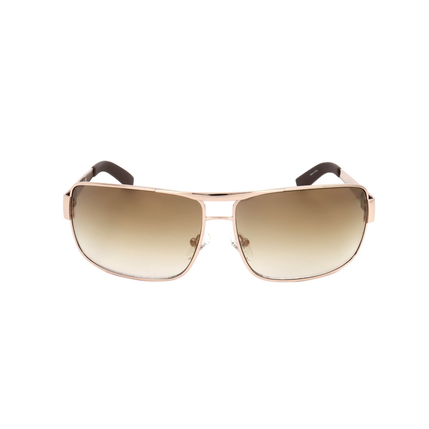 Occhiali da sole con lenti rettangolari marroni sfumate e montatura in metallo color oro rosa.