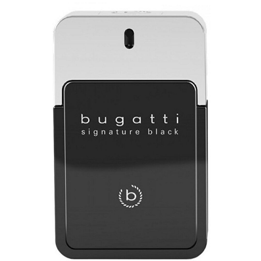 Flacone nero con tappo argentato. Scritta: Bugatti Signature Black. Forma rettangolare. Logo.
