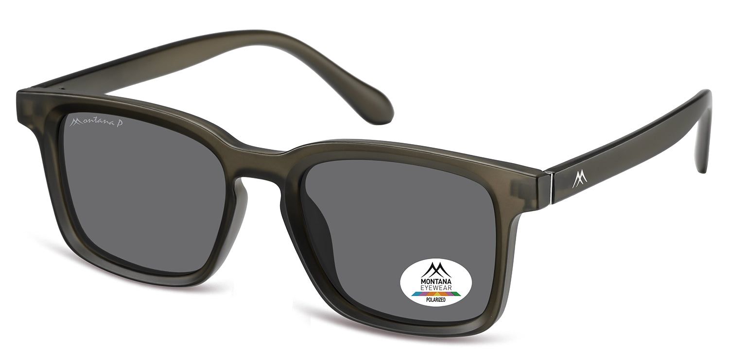 Occhiali da sole con lenti quadrate e montatura grigia. Logo Montana Eyewear sull'asta e sulla lente. Lenti polarizzate.