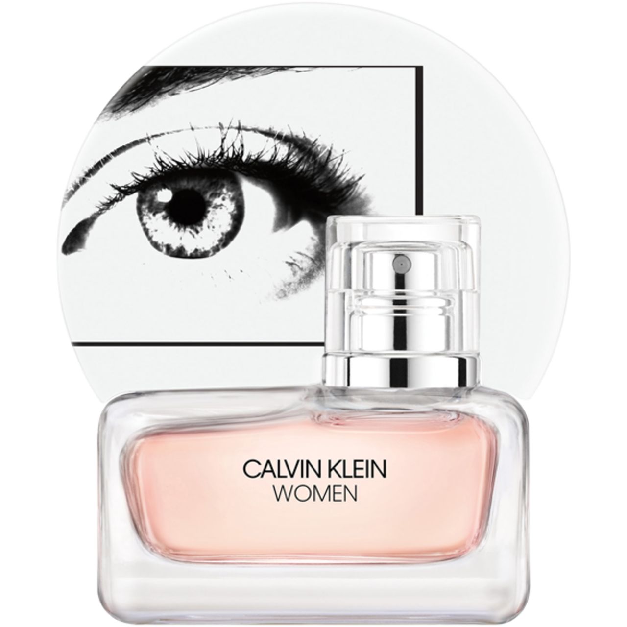 Flacone in vetro con liquido rosa. Scritta: CALVIN KLEIN WOMEN. Sfondo: illustrazione occhio.