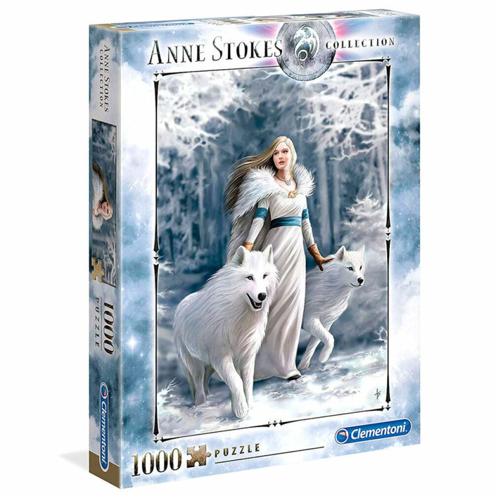 Scatola puzzle. Soggetto: donna con lupi in un bosco invernale. Testo: Anne Stokes Collection, 1000 pezzi, Clementoni.