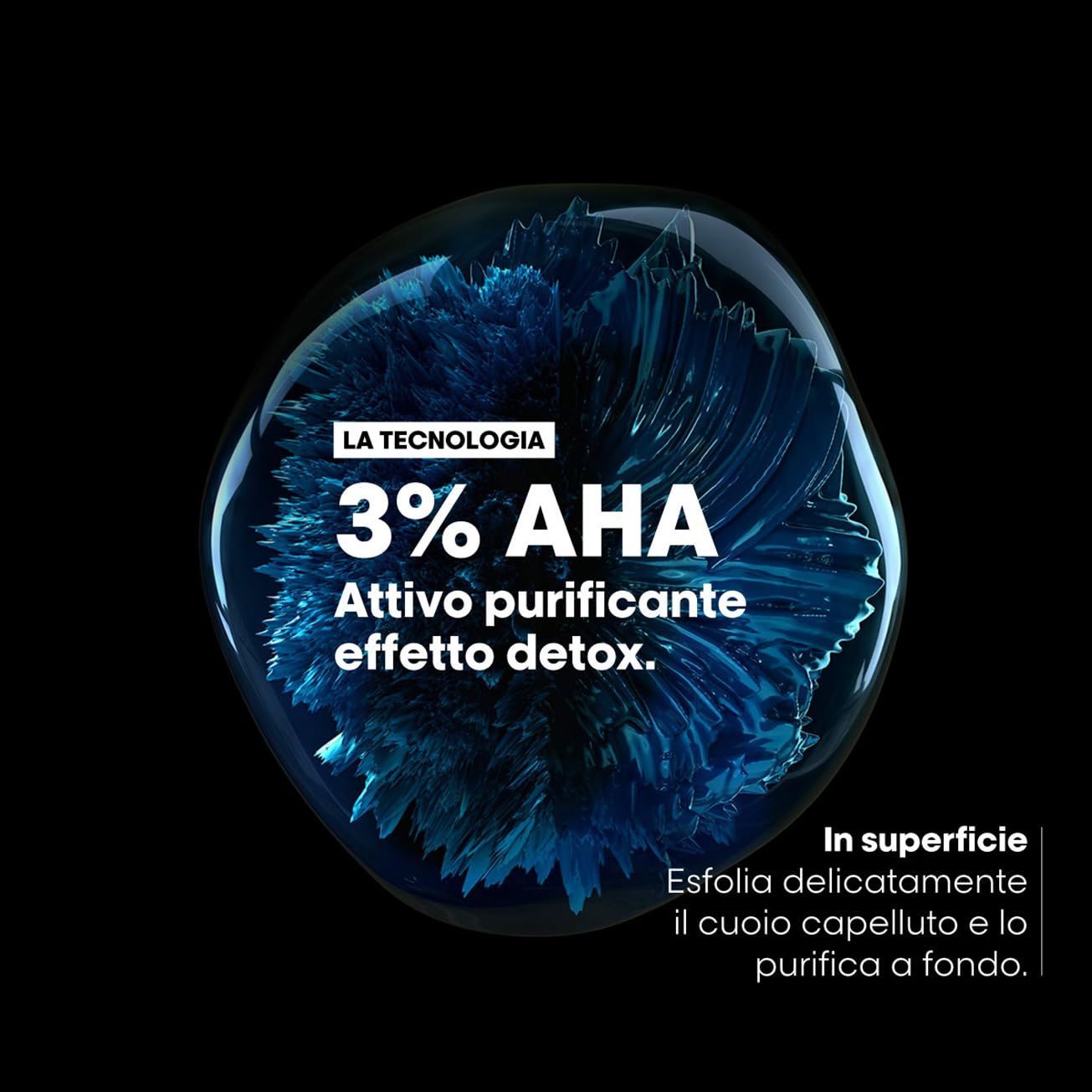 Rappresentazione blu astratta. Testo: 3% AHA, Attivo purificante, effetto detox. In superficie, esfolia delicatamente il cuoio capelluto.