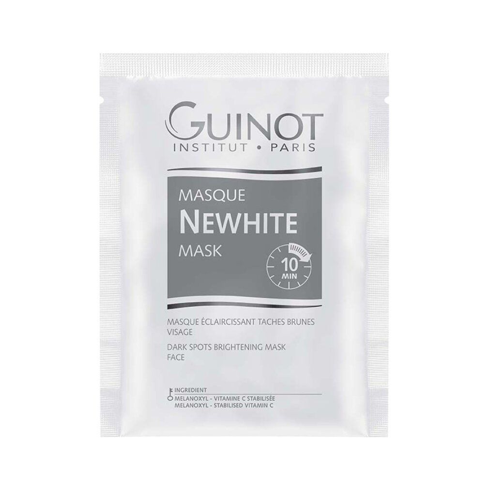 Confezione singola Guinot Newhite Mask. Scritta: Newhite, Masque, 10 Min. Marchio: Guinot. Descrizione: Masque Éclaircissant Taches Brunes, Face.