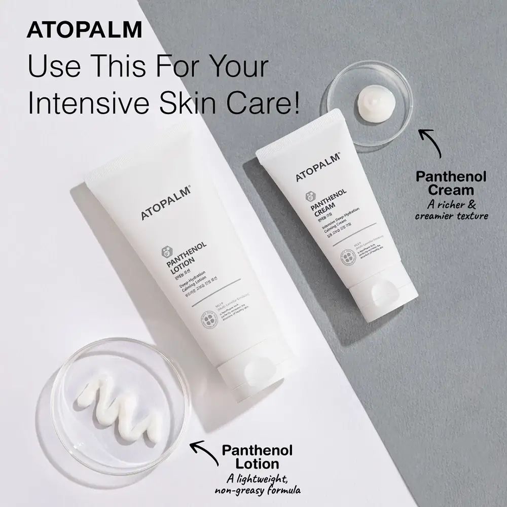 Due tubi ATOPALM Panthenol Lotion e Cream. Testo: Panthenol Lotion, Panthenol Cream. Crema su piastra.