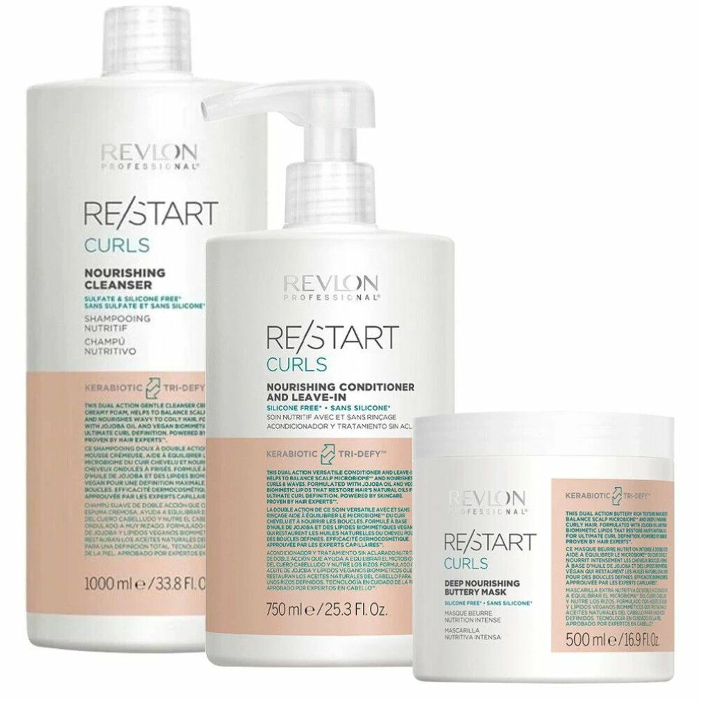 Tre prodotti per capelli: flacone con dosatore, flacone senza dosatore, vasetto. Scritta Revlon Re-Start Curls. Testo in inglese e spagnolo.