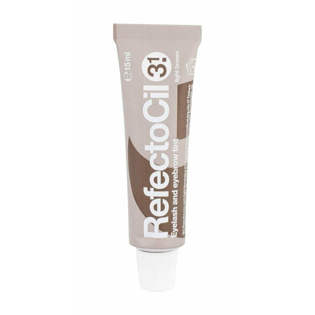 Tubo Refectocil 3.1, tinta per ciglia e sopracciglia, marrone chiaro. Tubo beige con scritta marrone. Tappo a vite bianco.