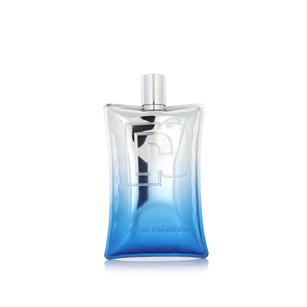 Flacone di profumo sfumato blu. Tappo argentato. Logo 'P' in rilievo sul davanti. Forma rettangolare con angoli arrotondati.