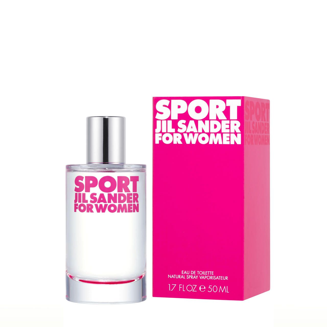 Flacone in vetro e confezione rosa. Scritta SPORT JIL SANDER FOR WOMEN. Flacone con tappo argentato. 50 ml.