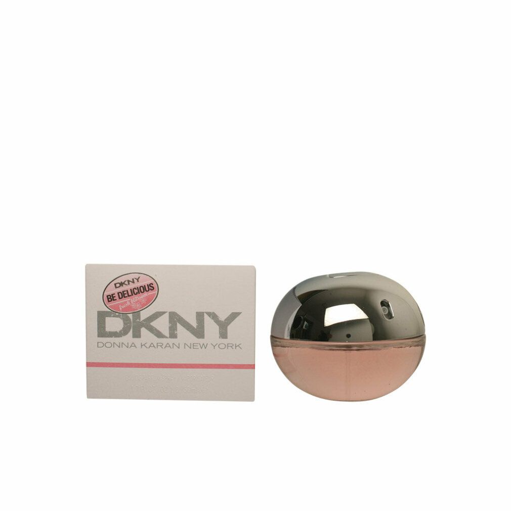 Flacone rotondo con tappo argentato e liquido rosa. Scatola bianca con logo e testo.
