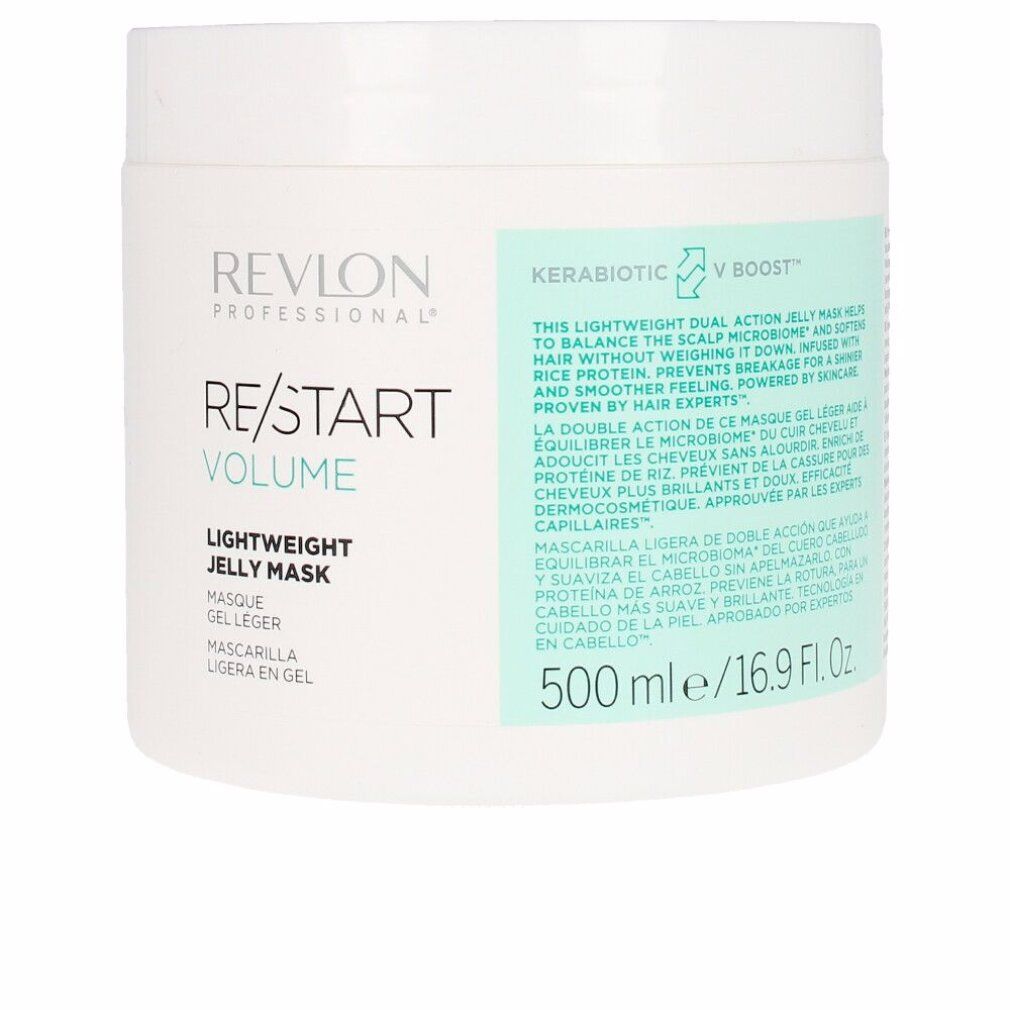 Vaso bianco con etichetta prodotto. Scritta: Revlon Professional, Re/Start Volume, Lightweight Jelly Mask. 500 ml.