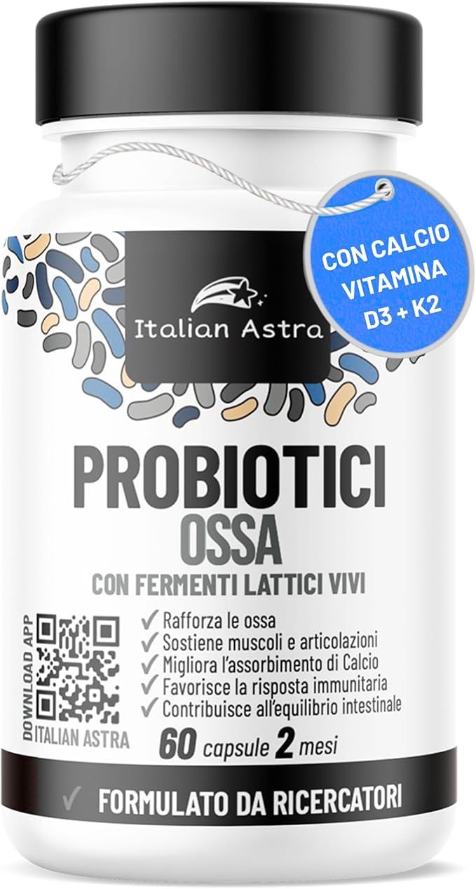 Flacone bianco con etichetta blu. Scritta: PROBIOTICI OSSA, con calcio, vitamina D3 + K2. Marchio: Italian Astra.