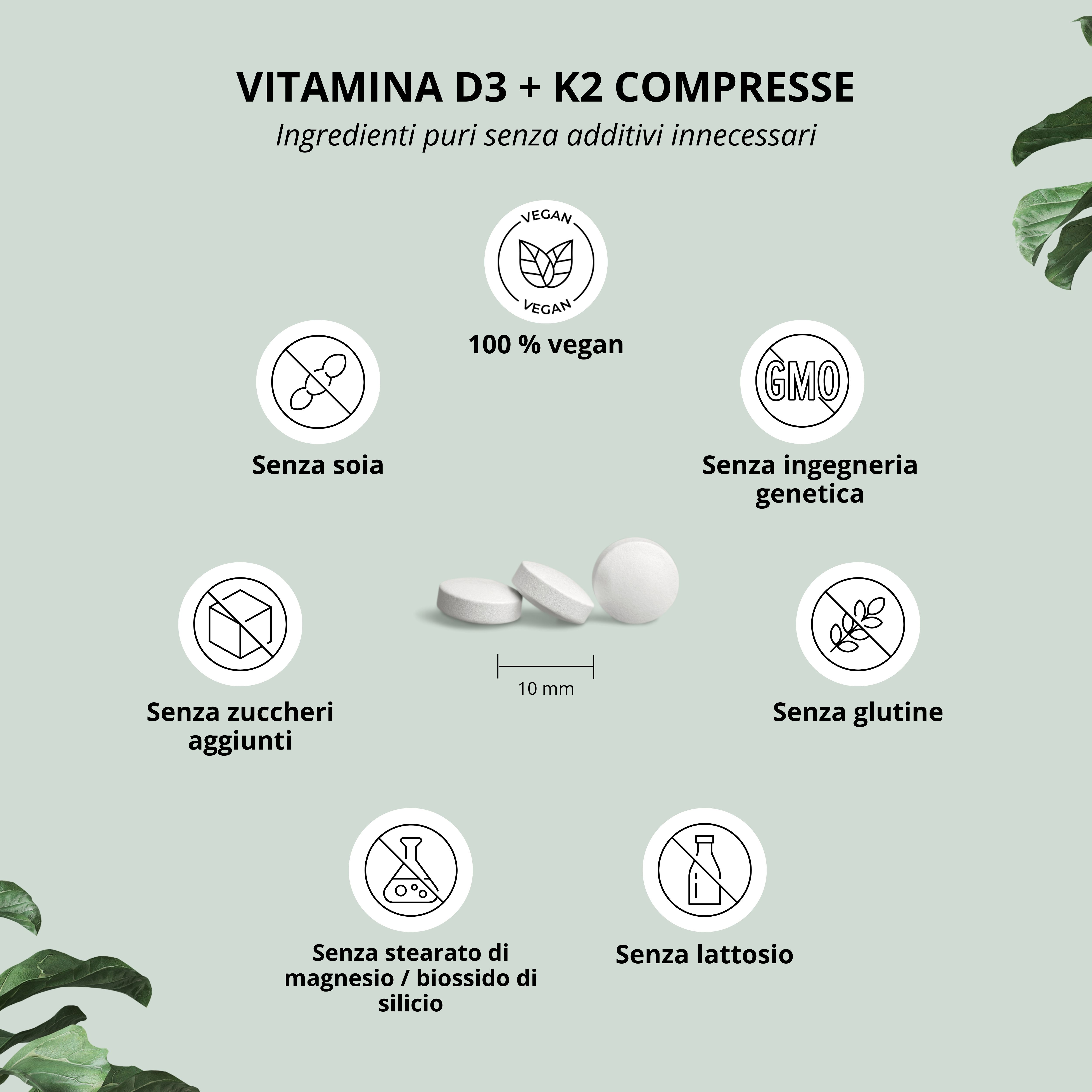 Compresse di vitamina D3 + K2. Simboli circolari: vegano, senza soia, senza OGM, senza zuccheri aggiunti, senza glutine, senza lattosio, senza magnesio stearato.