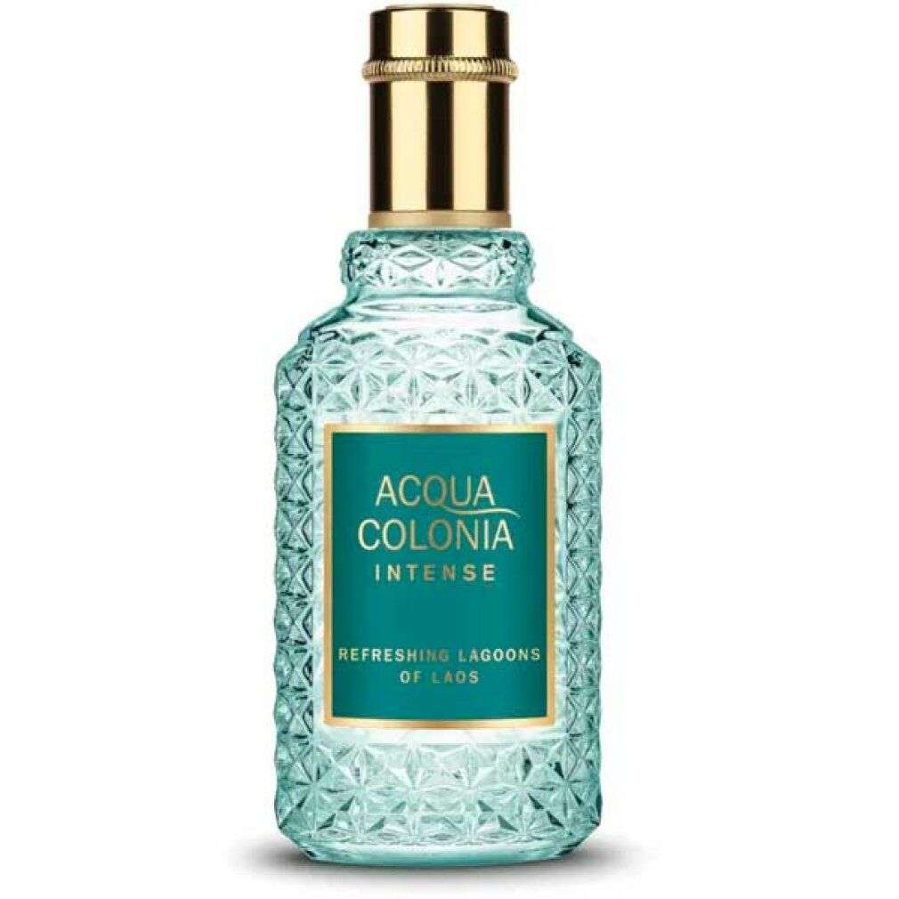 Flacone di profumo azzurro chiaro con tappo dorato. Scritta: Acqua Colonia Intense, Refreshing Lagoons of Laos.