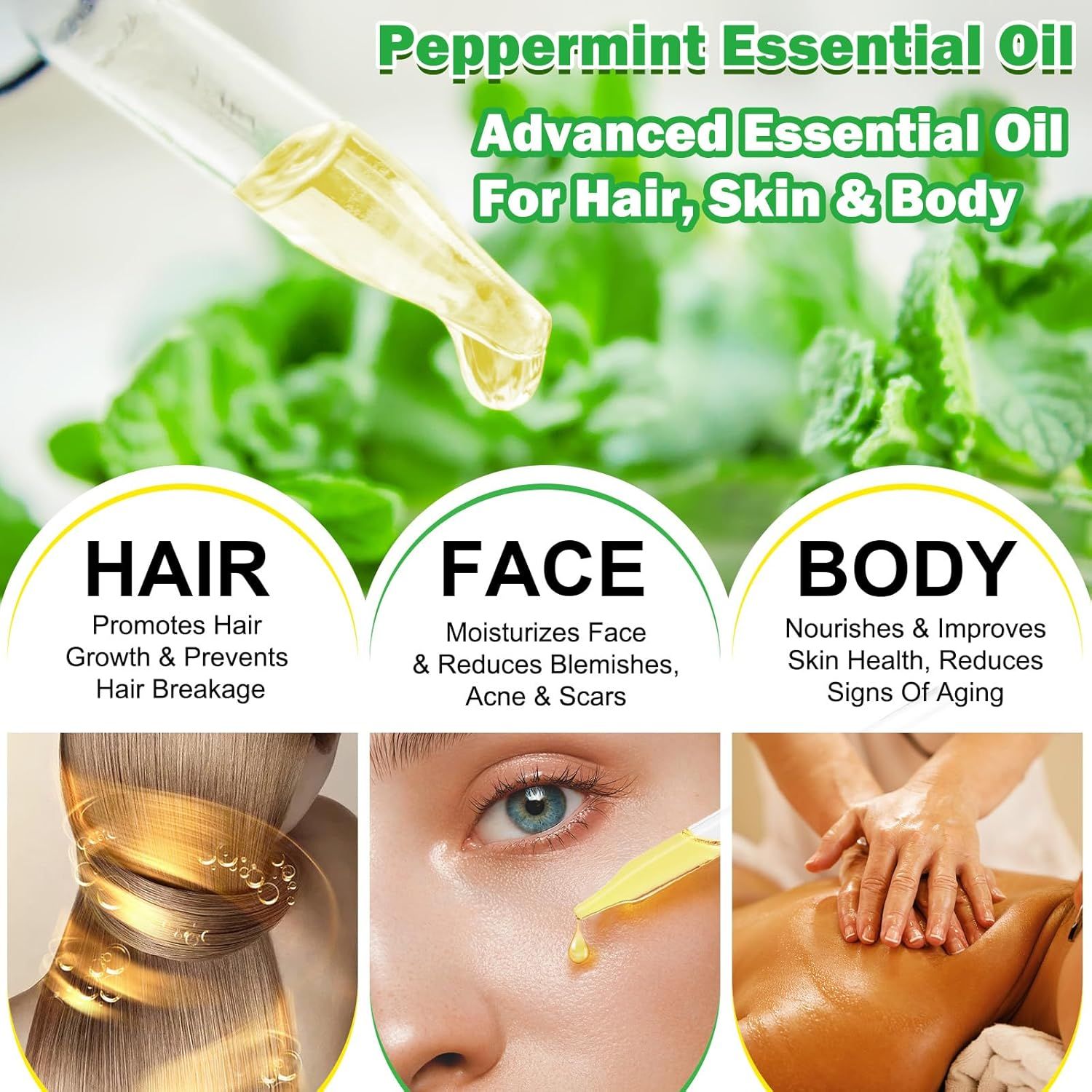 Grafica con tre cerchi: capelli, viso, corpo. Le immagini mostrano capelli, viso e corpo. Nome del prodotto e descrizione.